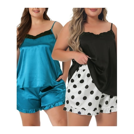 NOMADIC NOOK Women s Plus Size Lingerie Pajama Sets Sleepwear 2 Piece Cami Shorts Set Pj Sleepwear Lake Blue/Black 1X