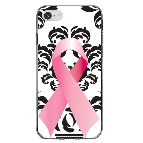 DistinctInk Clear Shockproof Hybrid Case for iPhone 7 8 SE (2020 Model) 4.7" Screen TPU Bumper Acrylic Back Tempered Glass Screen Protector - Black Damask Pink Ribbon - Breast Cancer Awareness