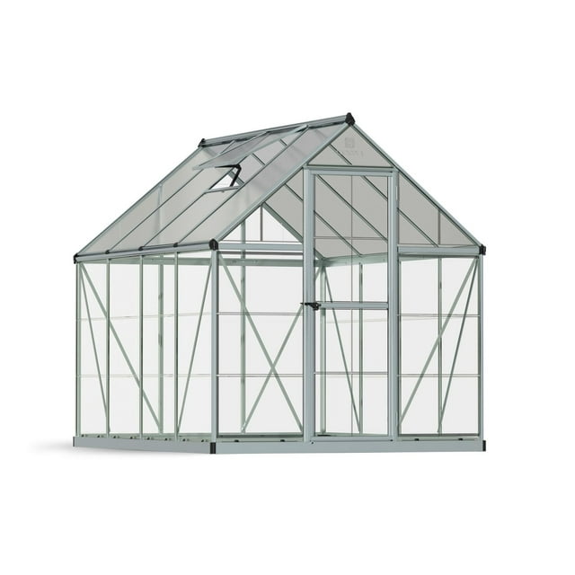 CANOPIA by PALRAM silver 6 ft. x 8 ft. hybrid greenhouse kit with transparent panels and front door.