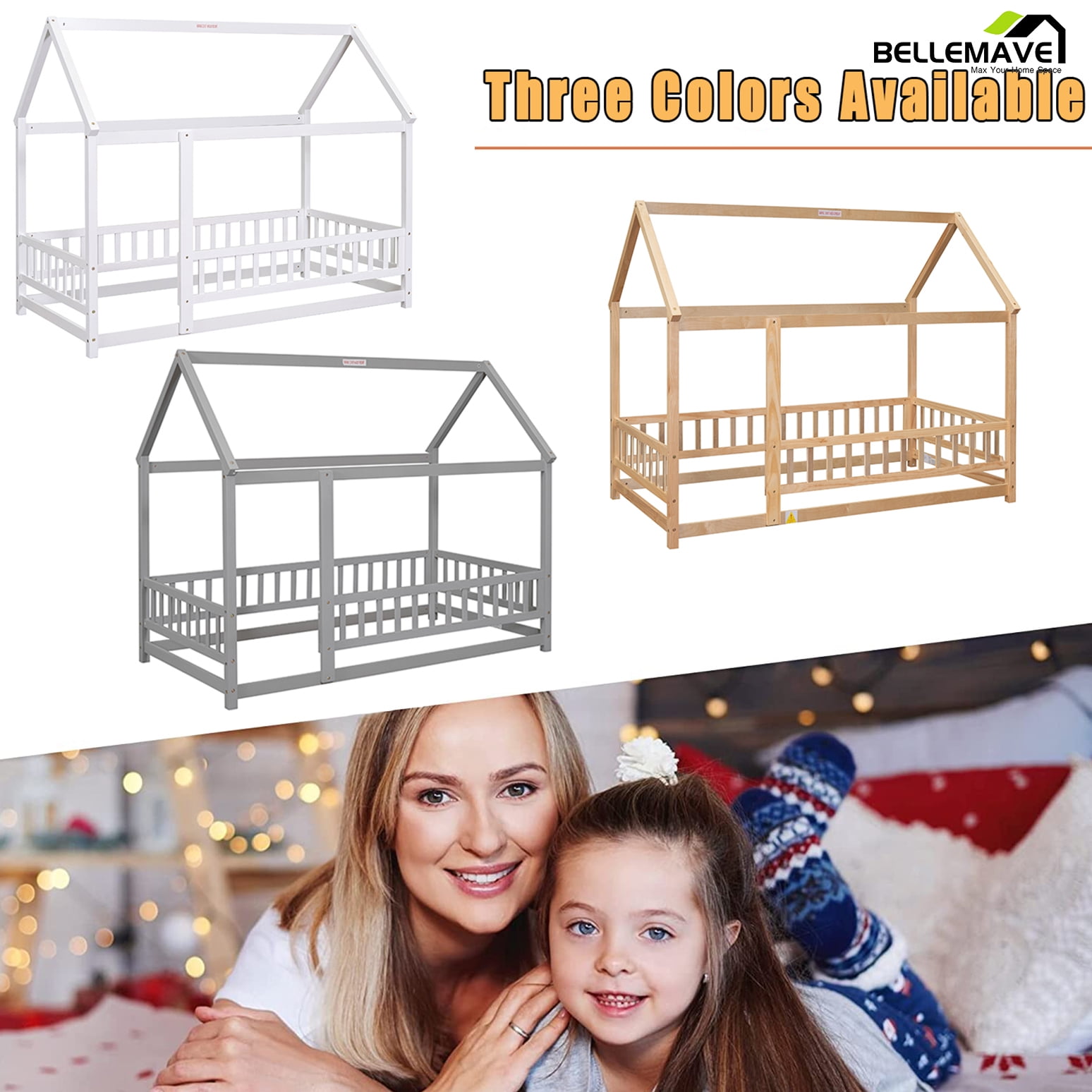 Bellemave Full Floor Bed, Wood Full Size House Bed Frame with Fence, Montessori Floor Bed for Bedroom（Natural)
