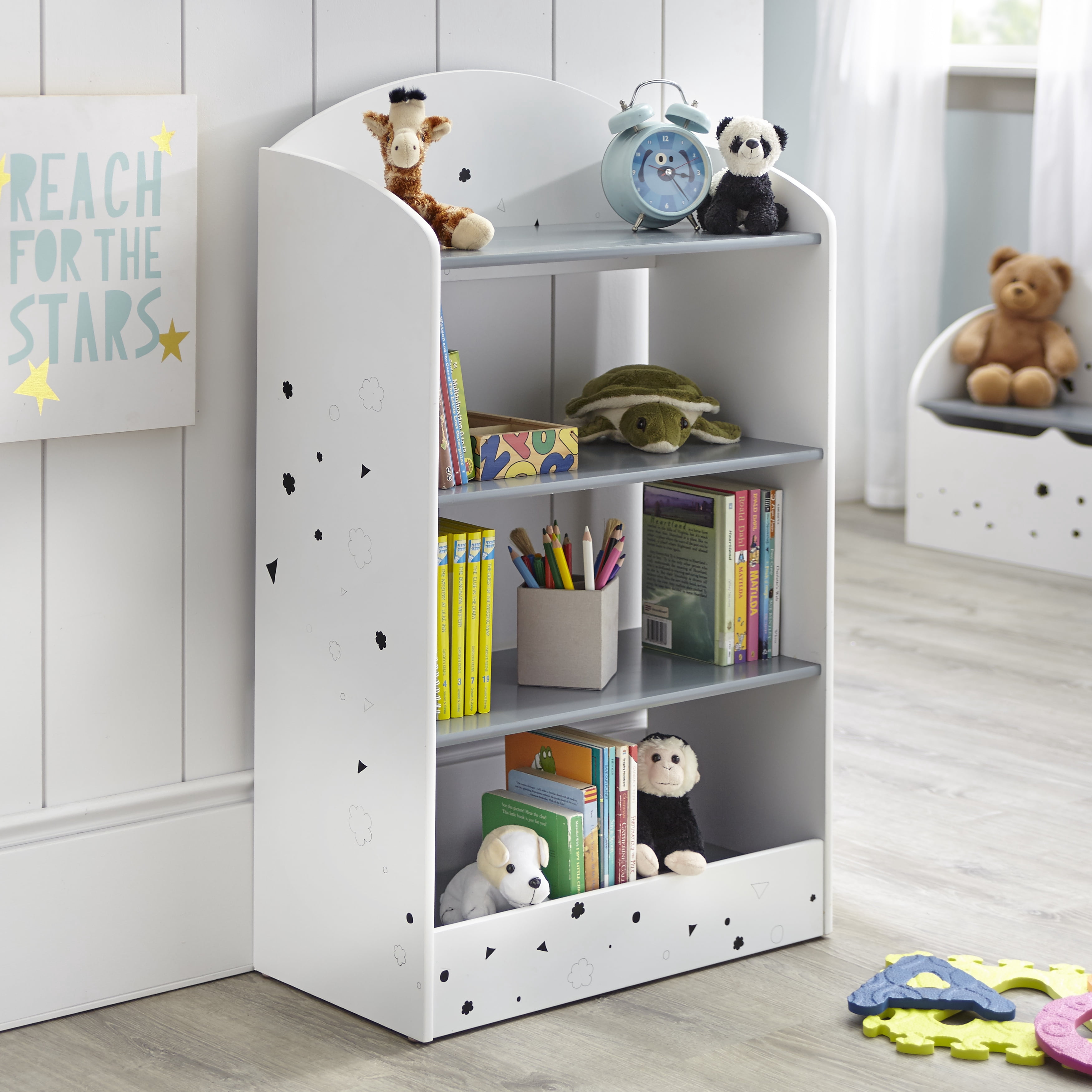 TMS Talori Kids 4-Piece KidsTable and Chair Set with Bookcase, Gray/White