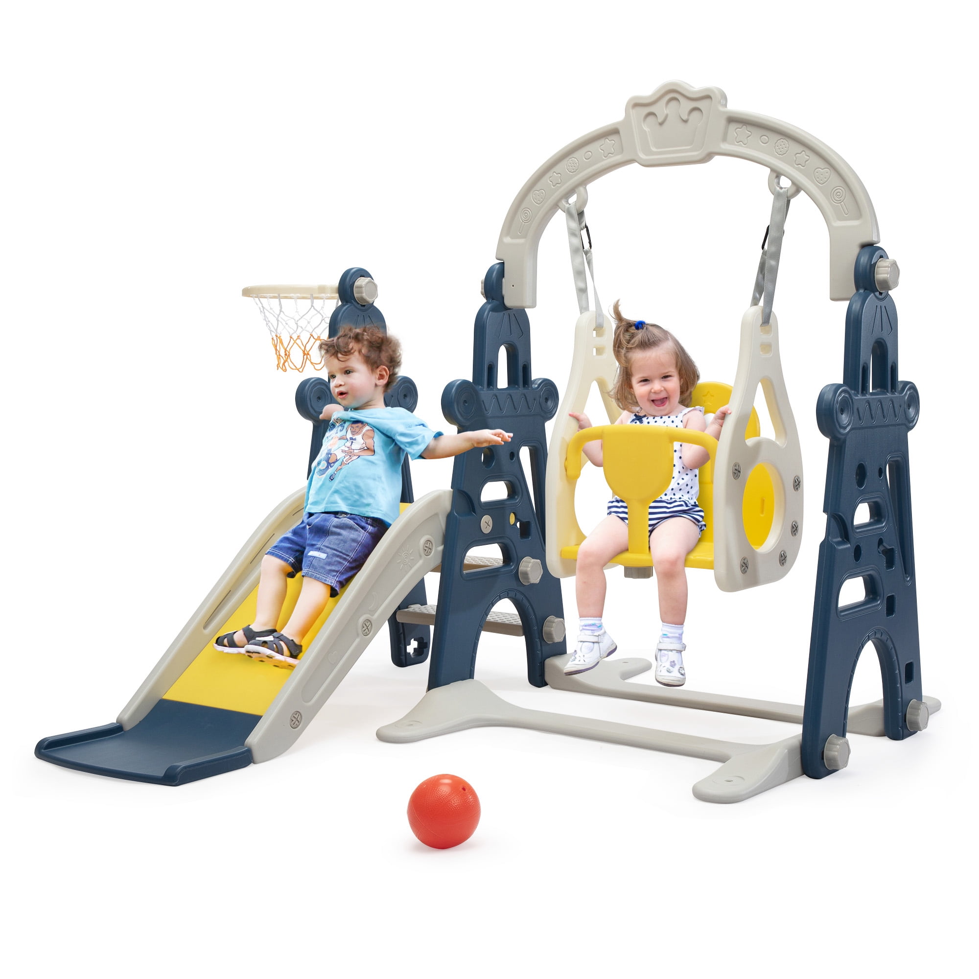 TOBBI 4 in 1 Slide and Swing Set for Toddlers, Indoor Slide Climber Toy, Swing Style,Blue,1+