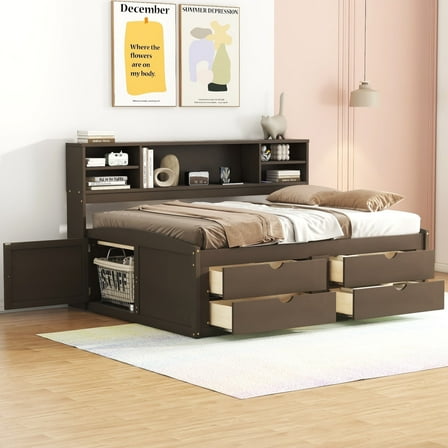 Newboti Furniture Full Size Wood Daybed with 2 Bedside Cabinets, Upper Shelves and 4 Drawers, Antique Brown NO.72123