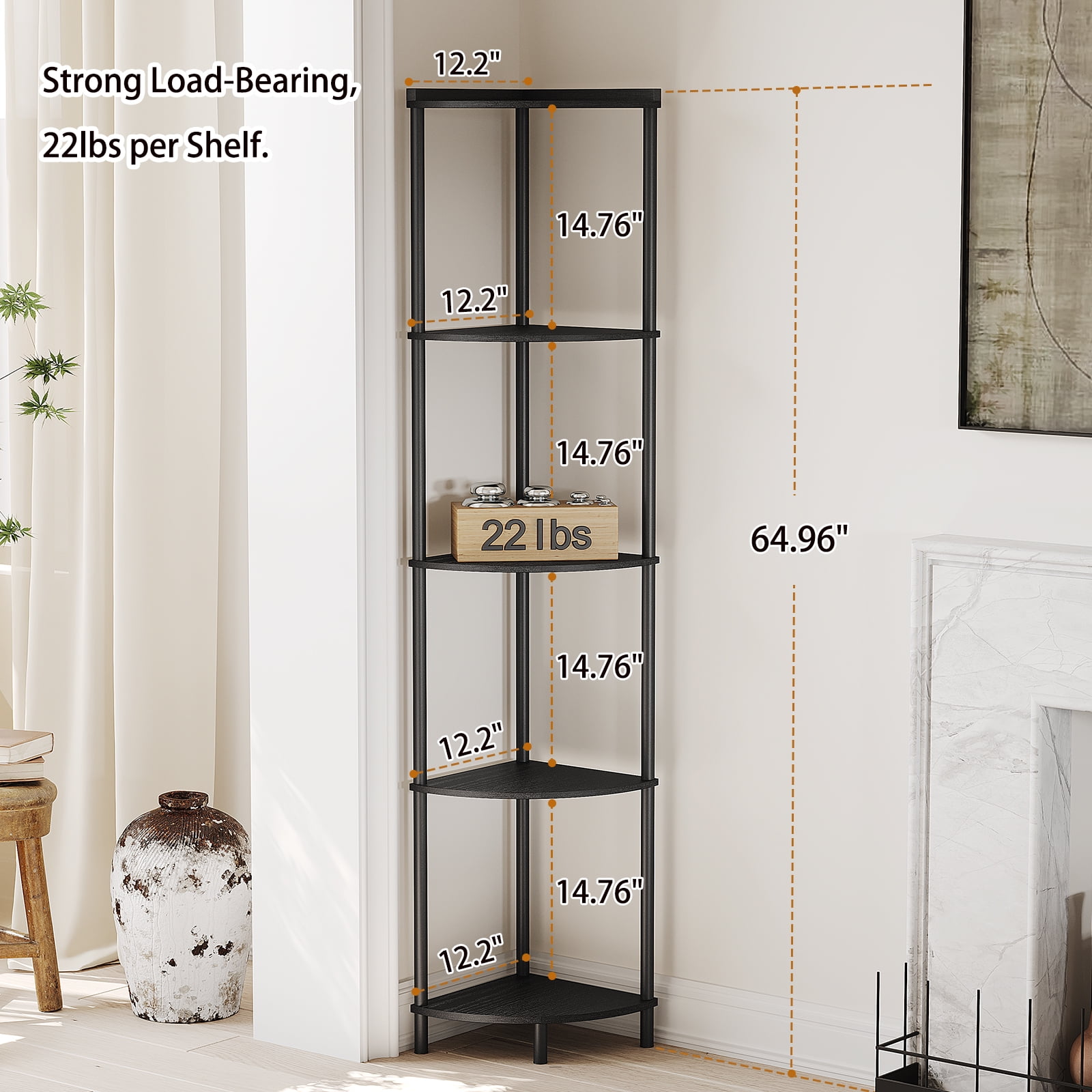 SUNMORY 5-Tier Industrial Corner Shelf Stand, 65" Corner Bookcase Display Shelves, Wall Corner Bookshelf Multi Unit Organizer, Tall Shelf Plant Stand for Bedroom, Bathroom, Living Room, Kitchen