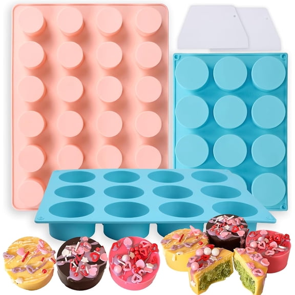 Cake Puck Mold Set, 2 Different Sizes Chocolate Covered Cake Silicone Molds, 24-Cavity and 12-Cavity Round Cake Pop Molds with 2 Spatulas for DIY Cake Cores, Chocolate Desserts,Cakepucks