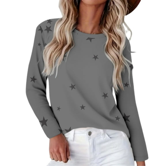 Women's Star Print Round Neck Long Sleeve Sweatshirt, Loose Fit Casual Pullover Top with Five-Point Star Pattern for Daily Wear, Street Fashion and All Season Comfort Grey L