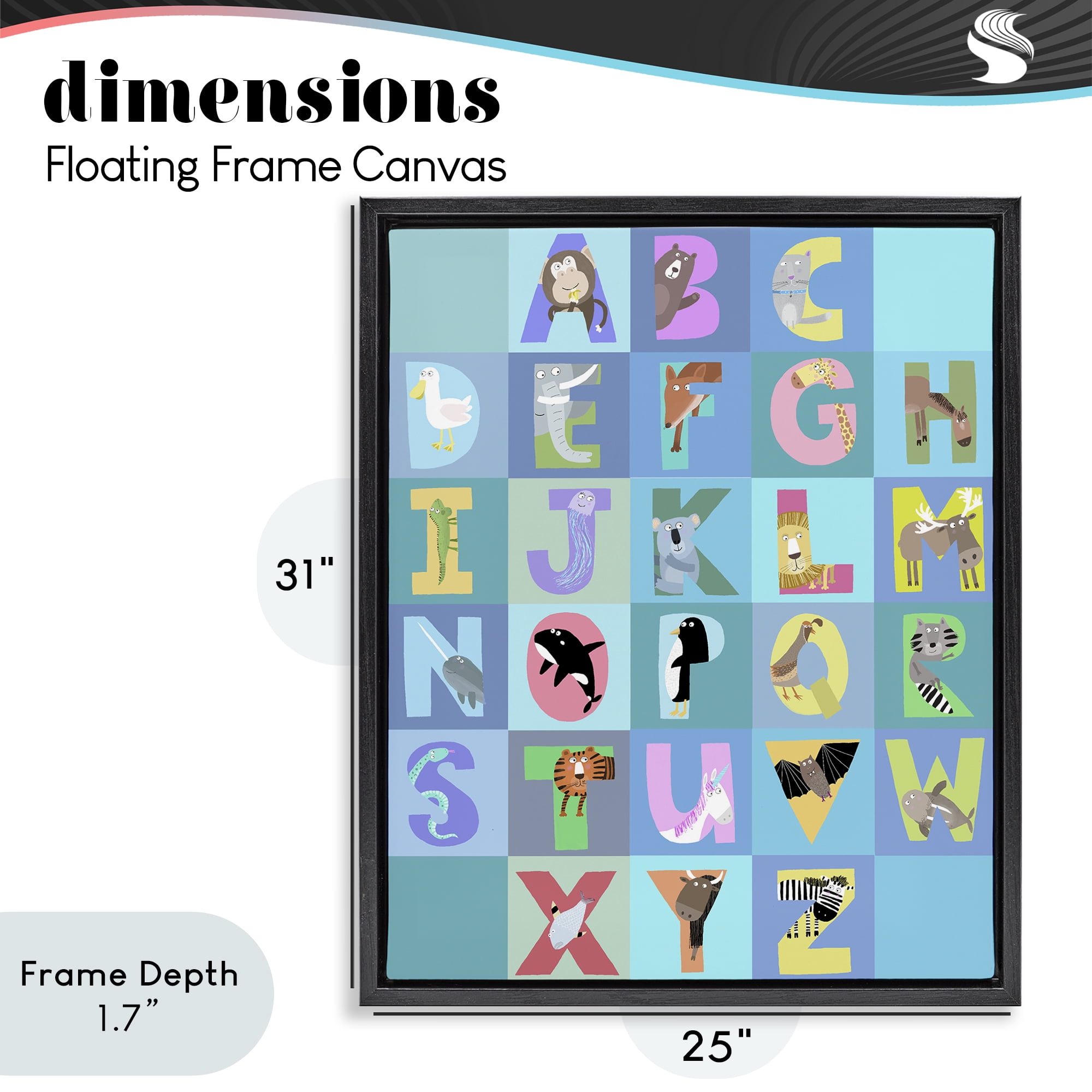 Stupell Industries Animal Alphabet in Blue Black Framed Floater Canvas Wall Art, design by Carla Daly