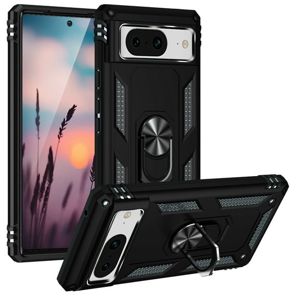 TJS for Google Pixel 8 Phone Case, Impact Resistant Metal Ring Magnetic Support Kickstand Drop Protector Cover (Black)