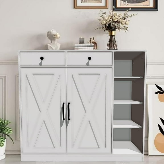 Studyset Farmhouse Shoe Cabinet Shoe Rack Organizer with 6 Adjustable Shelves & 2 Drawers, 7-Tier Entryway Shoe Storage Cabinet with Adjustable Shelves, Hooks & Open Storage for Hallway, Mudroom