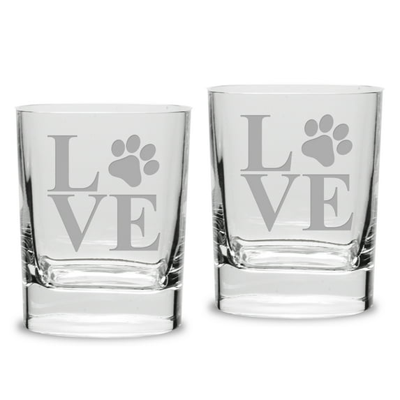 Paw Print LOVE Deep Etched Luigi Bormioli 11.75 oz Square Round Double Old Fashion Glass Set of 2