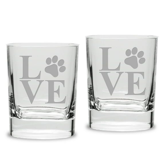 Paw Print LOVE Deep Etched Luigi Bormioli 11.75 oz Square Round Double Old Fashion Glass Set of 2