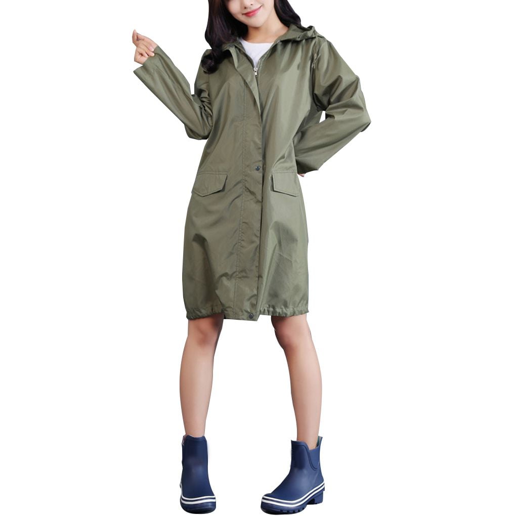 Viahwyt Women Hooded Raincoat Adult Waterproof Zipper Pocket Rain Jacket Coat Poncho Unisex Outdoor Rainwear 