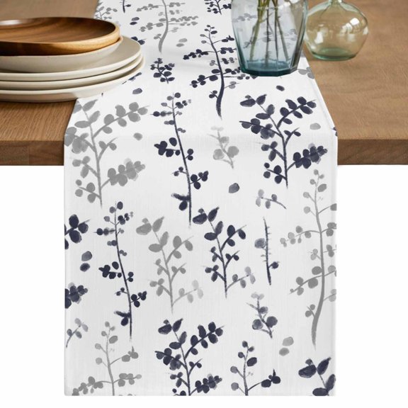 Grey Black Botanical Table Runner, Watercolor Spring Floral Summer Leaf Washable Cotton Linen Table Runners 48 Inches Long, Dresser Scarf Runner for Nightstand/Coffee/End Tables 13''x48''