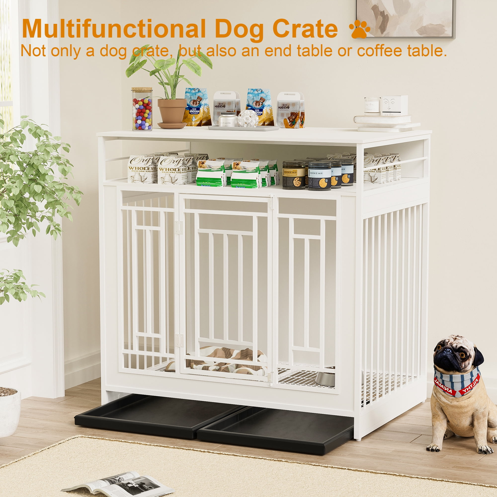 Aukfa 43.3" Dog Crate Furniture for Large Dogs,Wooden Dog Crate with Divider,White