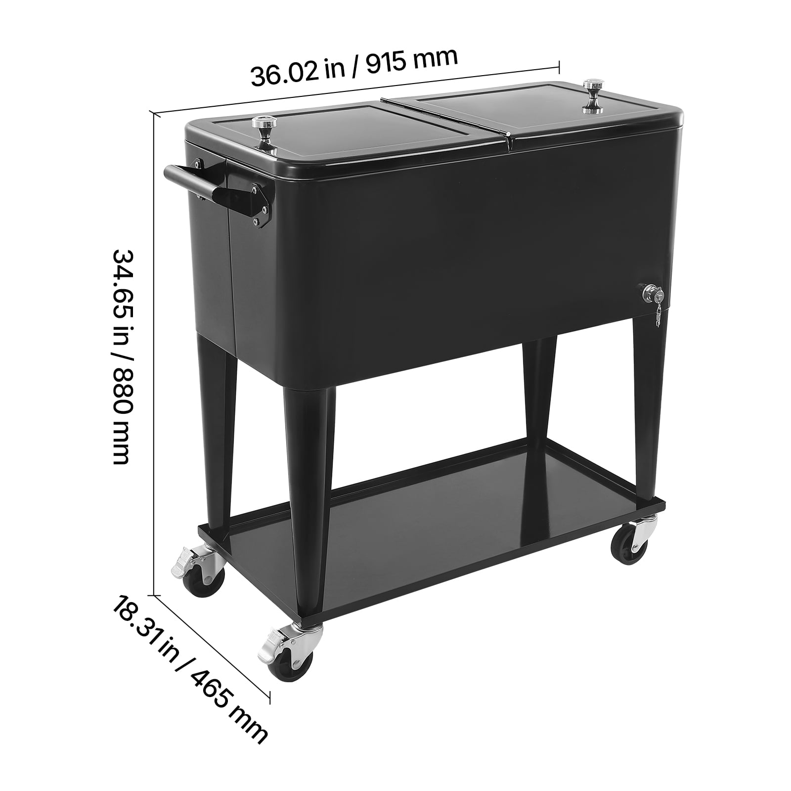 KFFKFF 80 Quart Rolling Ice Chest, Accommodates 50 Bottles or 110 Cans, Mobile Outdoor Party Drink Cooler with Lower Shelf, Beverage Storage with Side Basket and Built-in Bottle Opener, Black