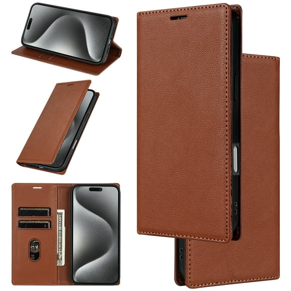 For iPhone 17 Pro Max Wallet Case, Premium PU Leather Flip Magnetic Folio Case with Card Holders RFID Blocking Kickstand [Shockproof TPU Inner Shell] Protective Phone Cover,Brown