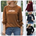 thumbnail image 4 of Camiseta Sexy para mujer recortada manga larga linterna cuello redondo Camiseta de color sólido Otoñ Abanopi Camello/Grande, 4 of 7