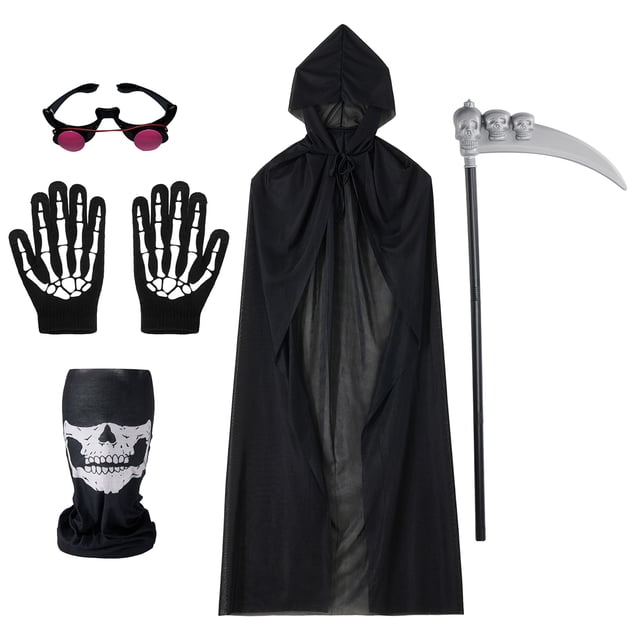 Sunloudy Costume de Cape d'Halloween pour Enfants et Adultes, Robe d'Horreur Death Grim Reaper avec Lunettes Rouges Brillantes, Fée, Visage, Gants
