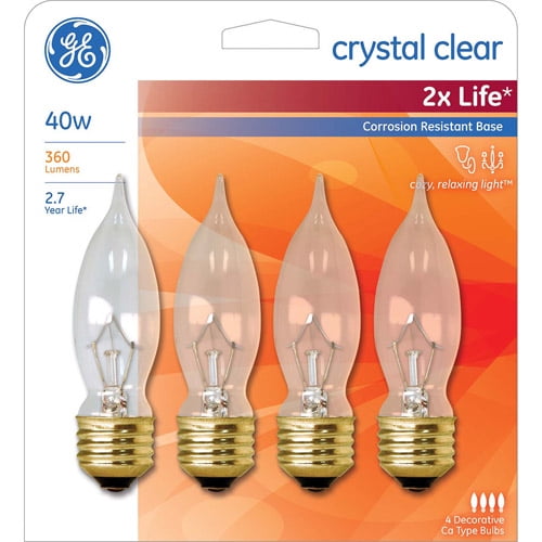 GE INCANDESCENT 40W CRYSTAL CLEAR 2X LIFE MEDIUM BASE DECORATIVE 4 ...