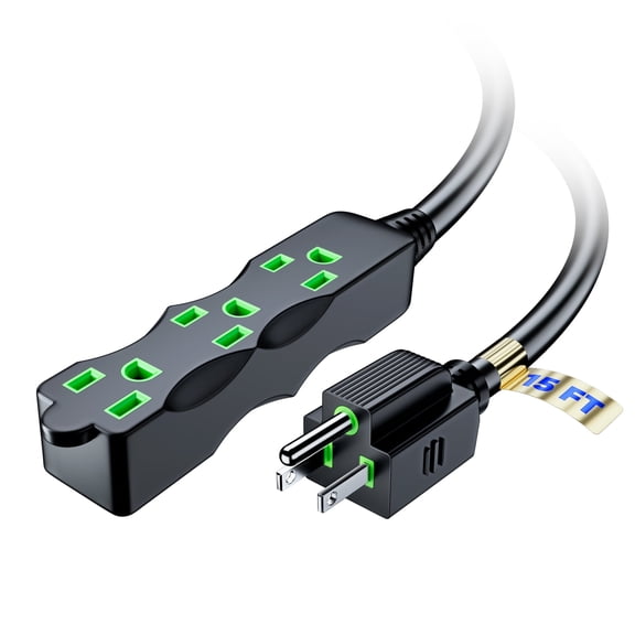 Extension Cord with Multiple Outlets (3 Outlets), Outlet Extender with Indoor Wire, Multi Plug Outlet 125V, 3 Prong Extension Cord, ETL Listed, Black with Green Indicators, 15ft