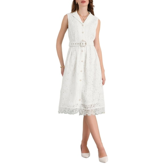 INSPIRE CHIC Women's Sleeveless Lace Dress Lapel Collar Wedding Cocktail Belted Button Down A-Line Dresses S White