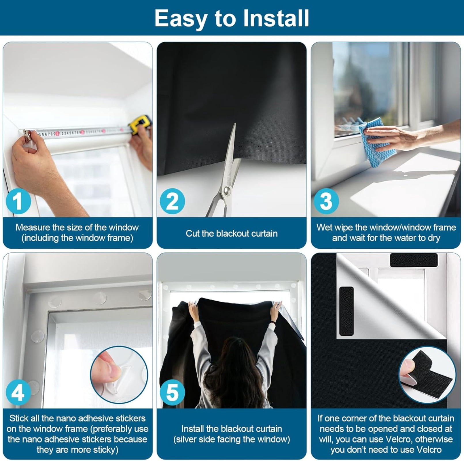 100% Blackout Curtains for Bedroom, Portable DIY Window Blinds, No Drill Window Shades & Blackout Blinds with Stickers & Tabs for Travel, Dorm Room, Media Room