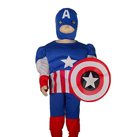 Dressy Daisy Boys' Muscle Captain America Superhero Fancy Set Costume Shield Mask Size 4-5