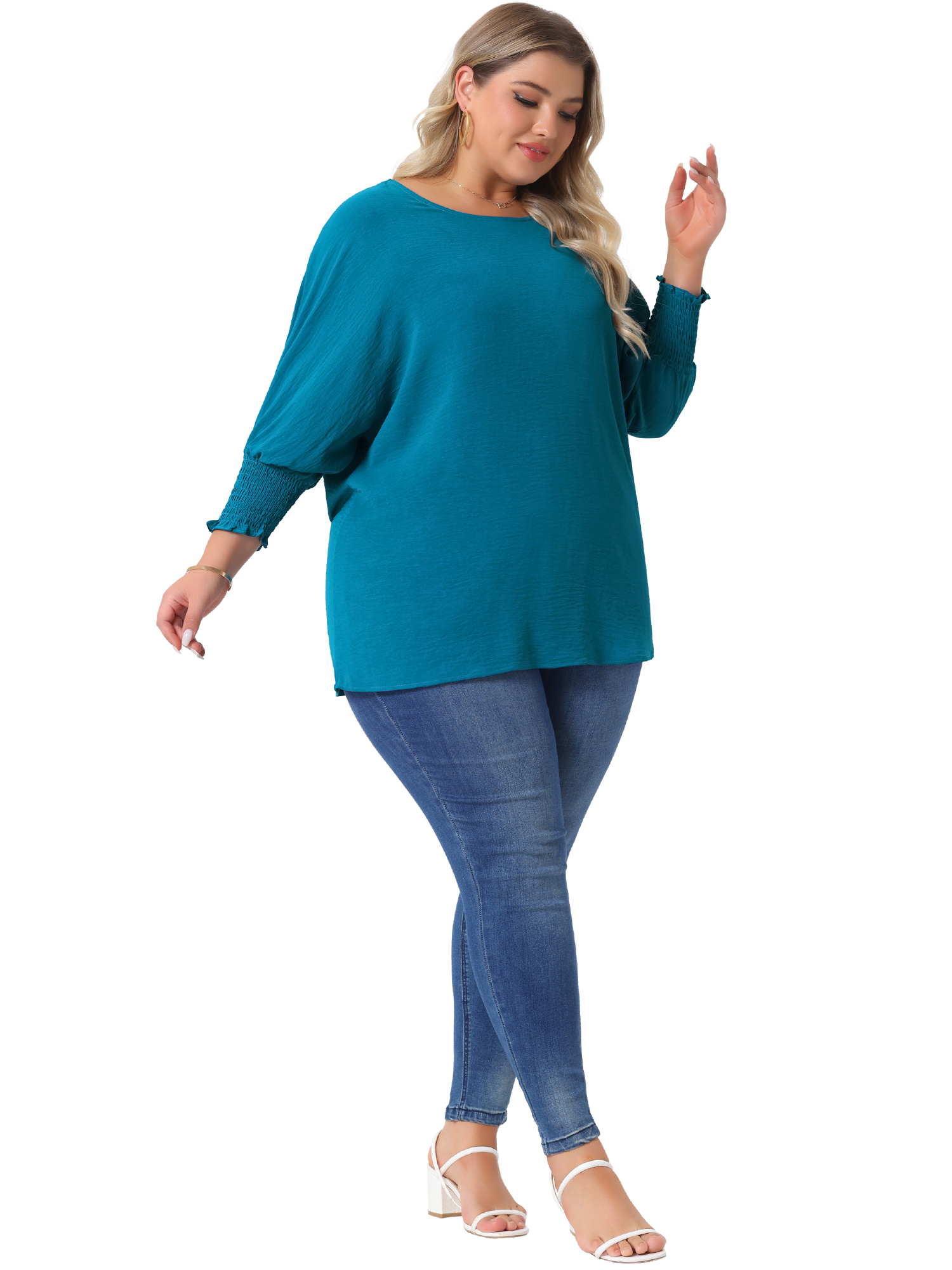 DARING DIVA Women's Plus Chiffon Batwing Ruffle Long Sleeve Casual Blouse 1X Lake Blue