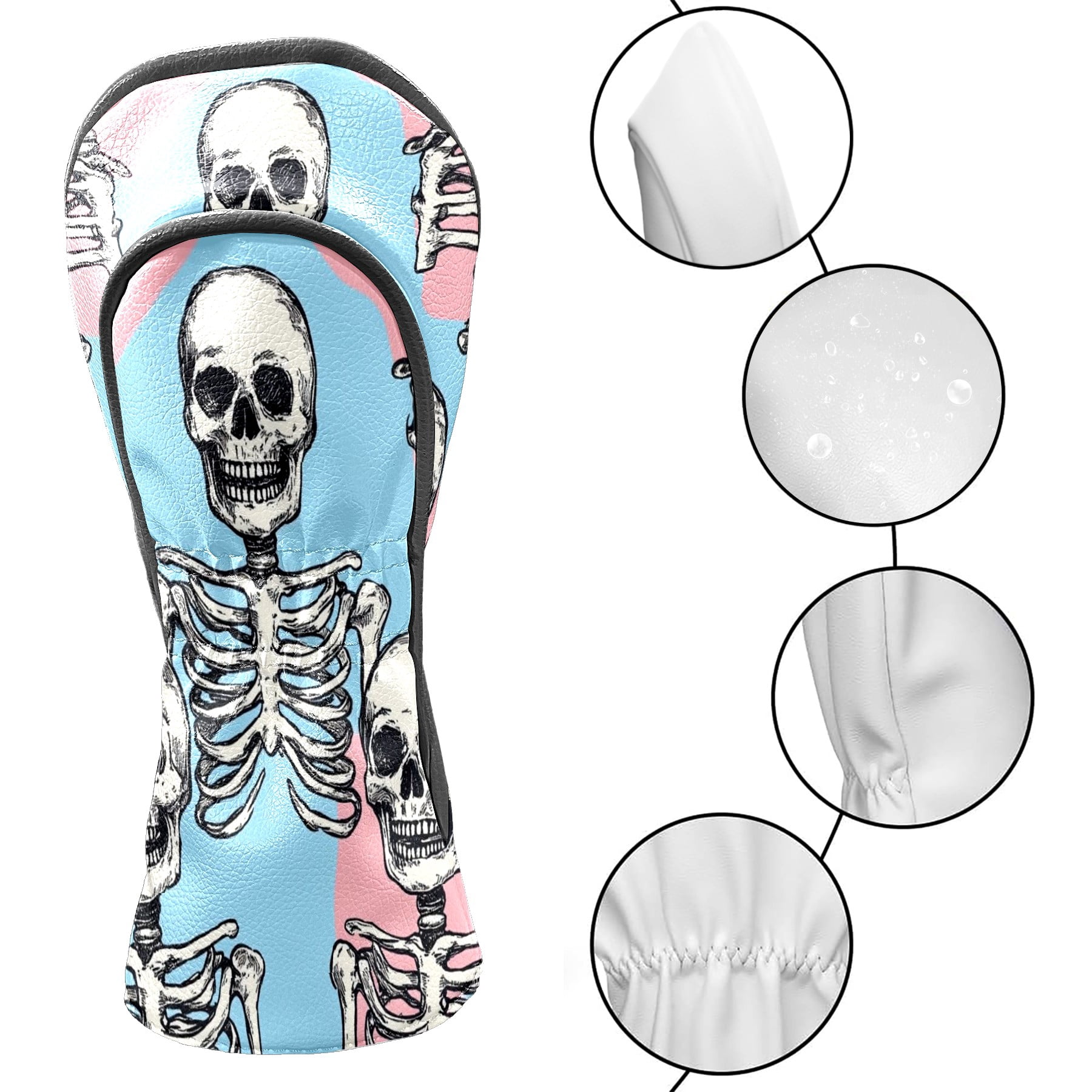 Golf Club Head Covers - Human Skeleton Design, PU Leather, Waterproof, Fits Fairway Woods/Hybrid, Unisex, Fits Most Brands