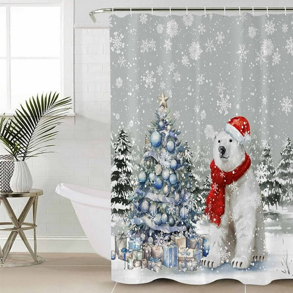 Gray Bear Christmas Waterproof Fabric Shower Curtain, Xmas Tree Snowflake Shower Curtain for Bathroom Curtains Bathtubs Hotel Washable Shower Curtains with 12 Hooks Small 36x72in