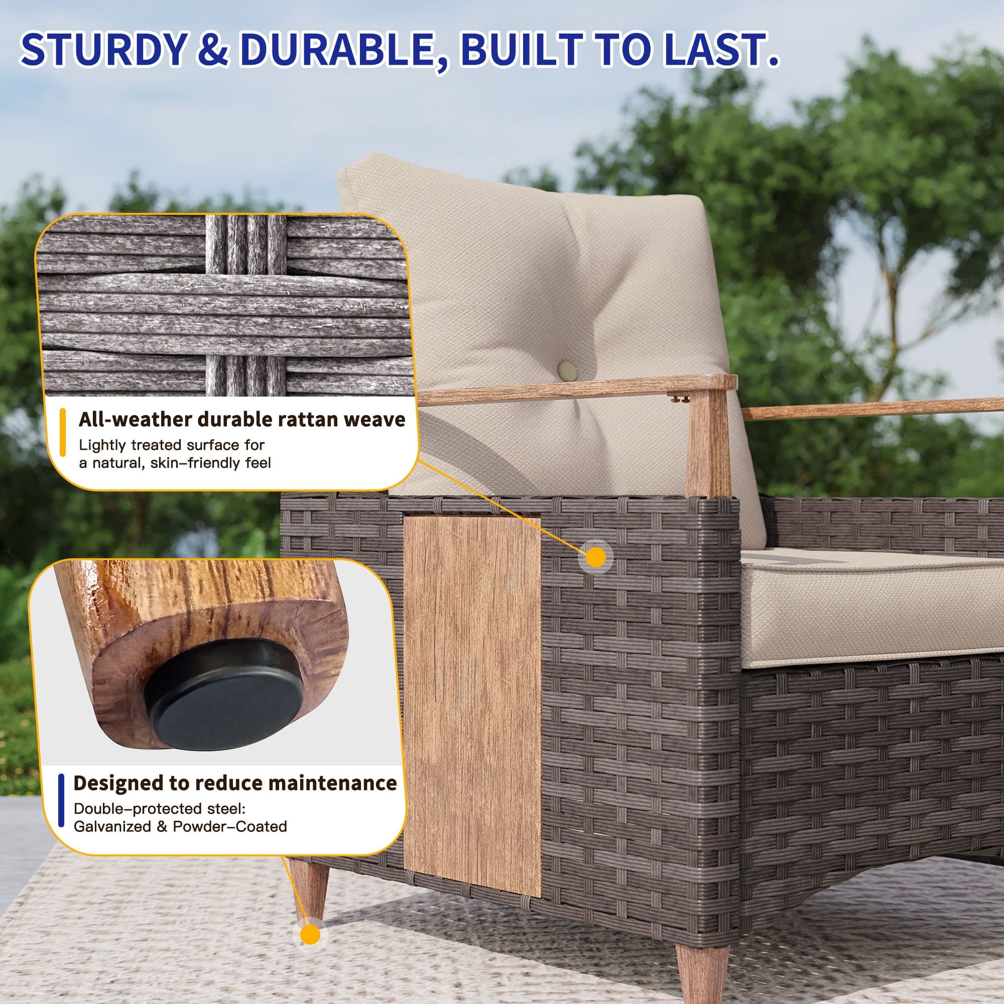 NestNook 4-Piece Wicker Patio Furniture Set, 4-Seat Conversation Set with Loveseat, 2 Fixed Chairs, Table, 330lb Weight Capacity, Waterproof Cushions