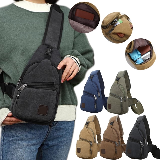 Bolsa de pecho cruzada de lona para hombres y mujeres – Mochila tipo cabestrillo de gran capacidad con correa ajustable, múltiples bolsillos, cremallera duradera, azul café verde caqui, 30x16x6cm