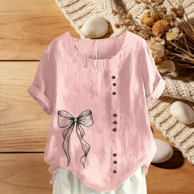 Xuyuer Women's Casual Linen Round Neck Printed Short Sleeve Button Blouse, Breathable Summer Top for Vacation Wear, Market Days and Relaxed Boho Style