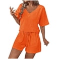 thumbnail image 2 of gbyLJF Women's 2 Piece Sets Solid Color V-neck Tops and Drawstring Elastic Waisted Shorts Loose Fit Summer Short Outfits, 2 of 6