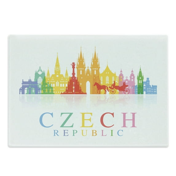 Prague Cutting Board, Rainbow Colored Composition with Building Silhouettes Czech Republic Typography, Decorative Tempered Glass Cutting and Serving Board, in 3 Sizes, by Ambesonne
