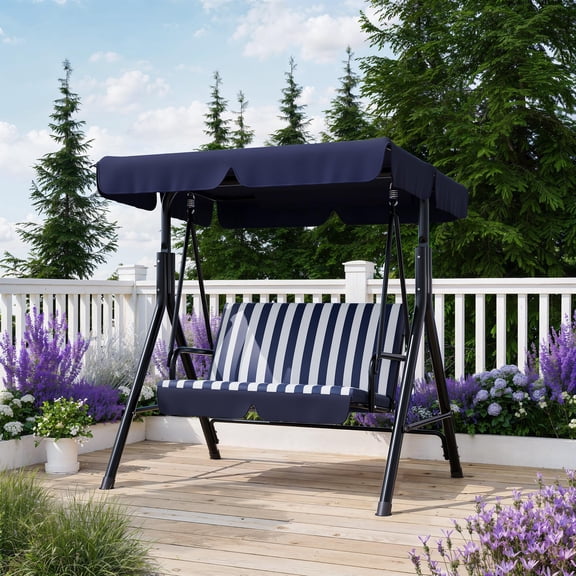 Striped Blue Outdoor Porch Swing with Adjustable Canopy, 3-Seat Patio Swing Chair with Stand, Heavy Duty Outdoor Swing for Adults, Metal Frame Patio Swing for Garden, Backyard & Poolside