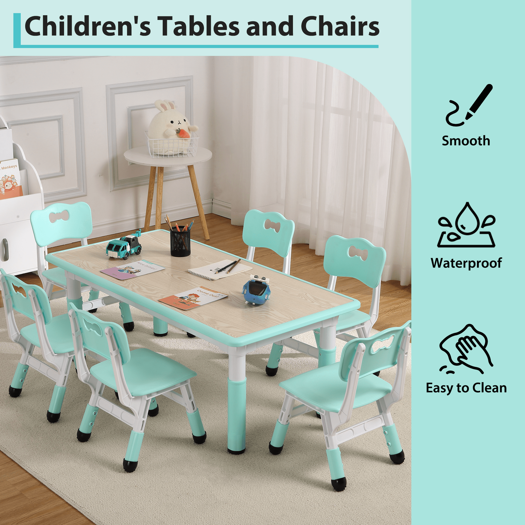 Adjustable Height Kids Table and 6 Chairs Set - Graffiti-Resistant Multi-Activity Desktop - Non-Slip Legs - Preschool & Study Table for Home, Study Room, Daycare - For Ages 2-10 - Lake Blue