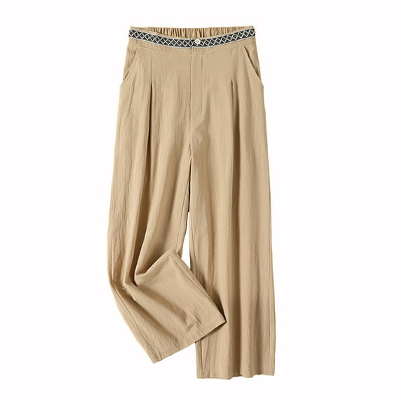 Ohufall Women's Plus Size Cotton Linen Capris Fashion Solid Color Elastic Waist Casual Wide Leg Capri Pants with Pockets
