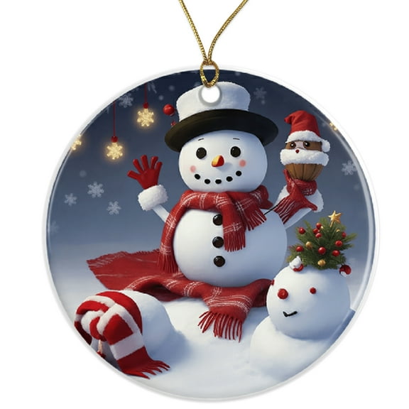 Cute Snowman Ornament - Holiday Decoration - Christmas Tree Ornament - Festive Winter Decor - Snowman with Hat Ceramic Ornament - 3 Inch Christmas Tree Round Ornament - Xmas Holiday Decor ORNW0232