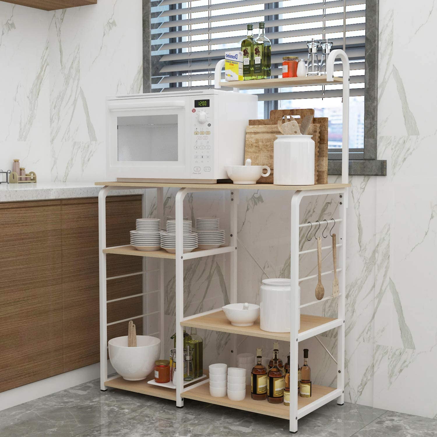 SogesPower Kitchen Stand 4-Tier Storage Shelf with Hooks Microwave Oven Stand Multifunction Workstation Shelf White Oak 35.4"L x 15.4"W x 55.1"H