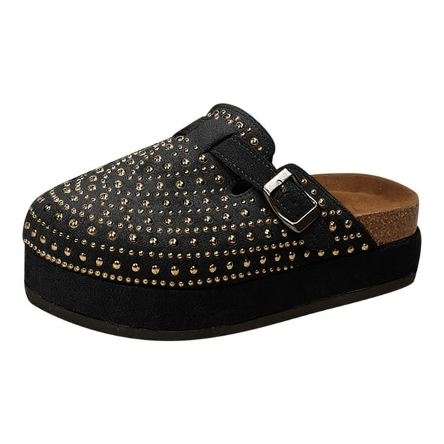 DAFEI Women's Suede Clogs Leather Mules Cork Footbed Sandals Shoes with Arch Support Slippers Rhinestone Bohemian Sandals
