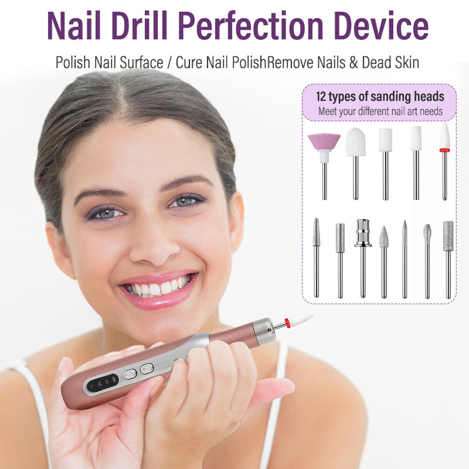 Xirurus Portable Electric Nail Drill Machine Kit 0-15000rpm Rechargeable Nail File Set Grinder for Home Salon Acrylic Gel Nails Manicure Pedicure Tools (6.7 inches / 17 cm), Gold