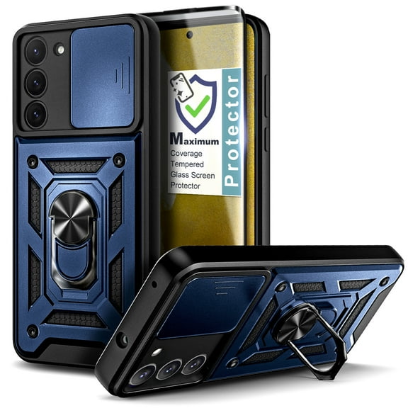 Nagebee Phone Case Compatible for Samsung Galaxy S23 / S23 Plus / S23 Ultra with Tempered Glass Screen Protector, Full-Body Camera Cover Protective Military-Grade Magnetic Car Mount Ring Holder (Blue)