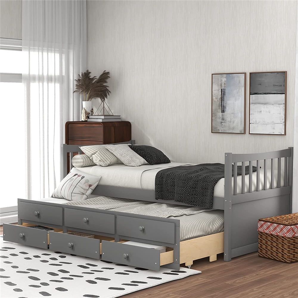 Twin Size Platform Bed with Trundle and 3 Storage Drawers, Heavy Duty Modern Twin Size Storage