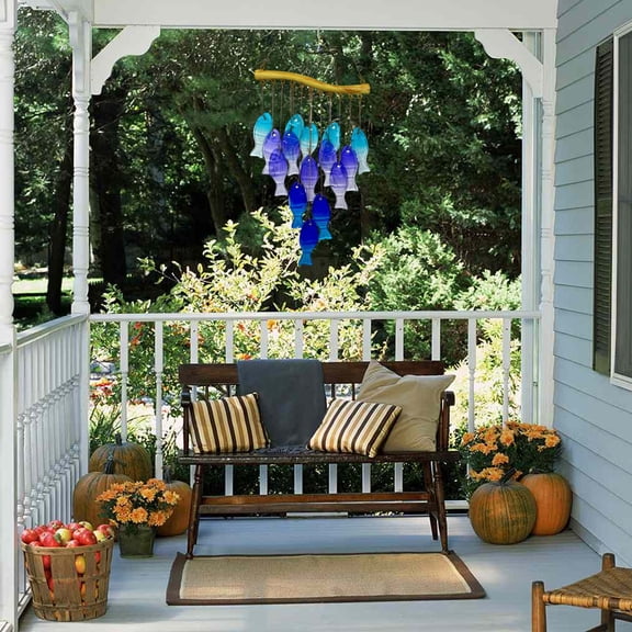 Wind Chime Outdoor Hanging Decor with Colorful Fused Glass and Wrought Iron Design for Garden Patio and Home Decoration