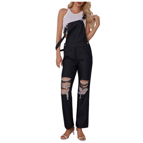 Mepaouo Women's Casual Ripped Denim Jumpsuit Adjustable Straps Stretch Bib Overalls Jeans Pants(Black,2XL)