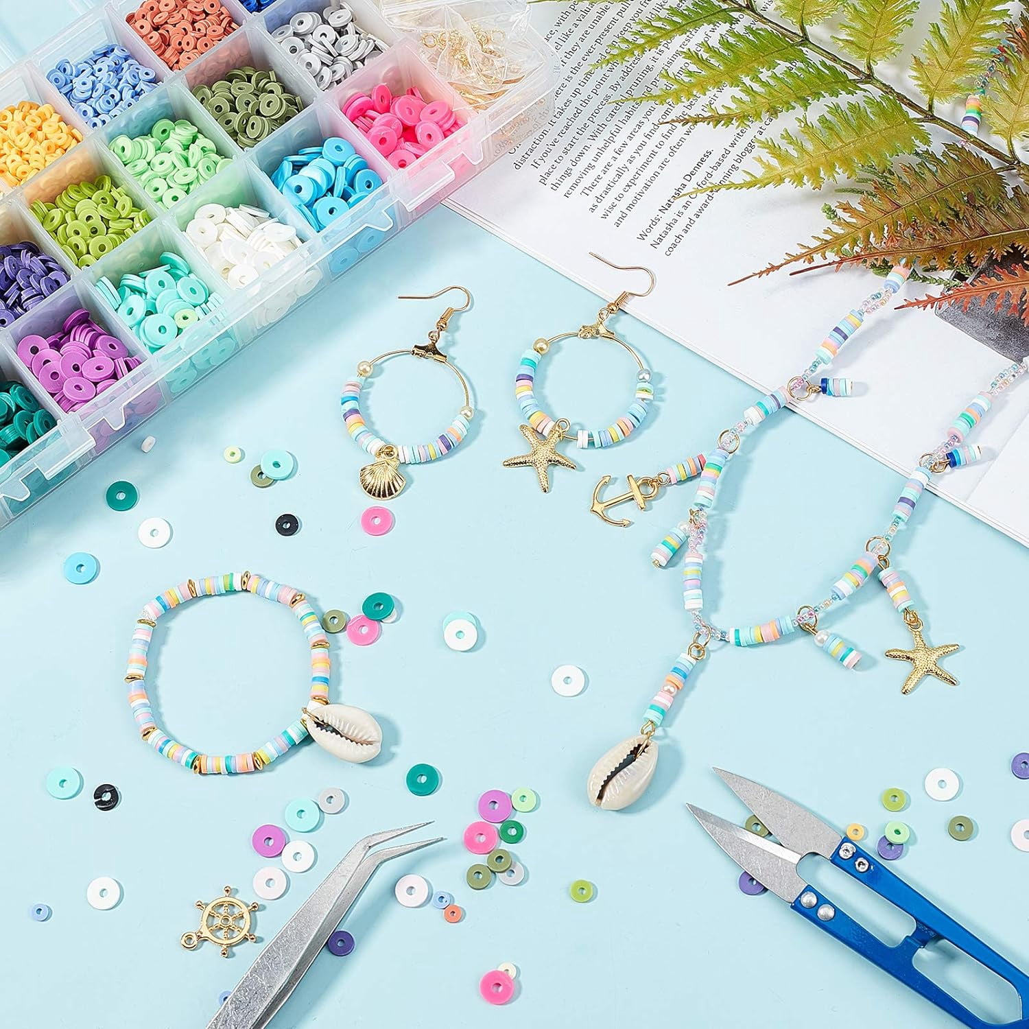 Handmade Polymer Clay Beads 6900 Pcs 3 Sizes 7 Colors Flat Round Spacer Beads with Alloy Pendants and Cowrie Shell Beads for DIY Jewelry Necklace Bracelet Earring Craft Making Mixed Color
