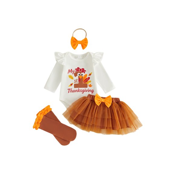 Lairauiy Infant Baby Girl Thanksgiving Clothes Set 0-18 Months Letters Romper with Skirt Headband Stockings Outfits