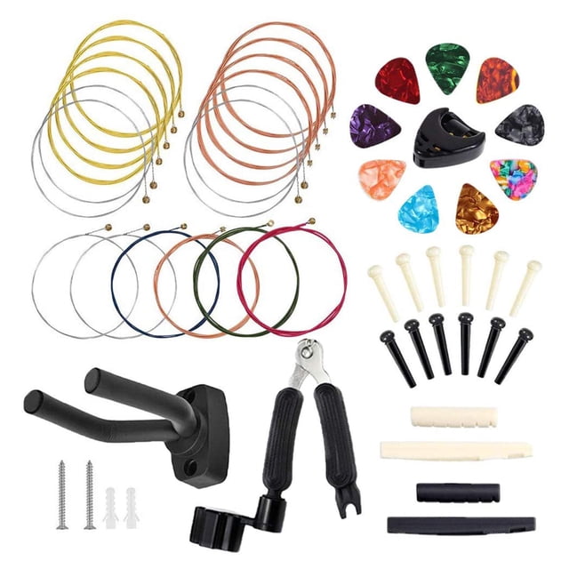 Kit completo de 50 piezas para mantenimiento de guitarra acústica - incluye cuerdas, clavijas, púas, cortador enrollador y accesorios esenciales. Ideal para reparaciones y reemplazo de piezas.