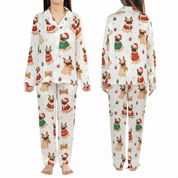 Lotusprinthandmade Christmas Pug Dog All-over Print Satin Pajamas Set (No Pocket) (S) – Christmas Clothing Set